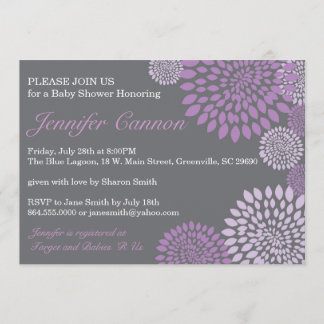Grey Purple Modern Floral Baby Shower Invitation