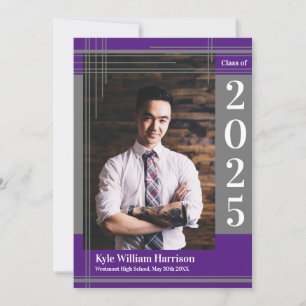 Grey Purple School Colour Graduation Photo Plaid Invitation