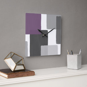 Grey Purple White Geometric Modern Minimalist Square Wall Clock