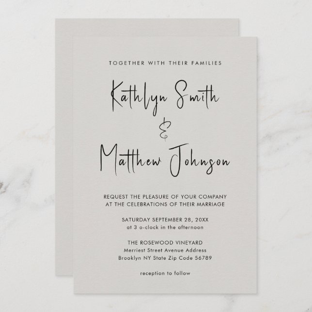 Grey QR Code All In One Modern Script Chic Wedding Invitation (Front/Back)