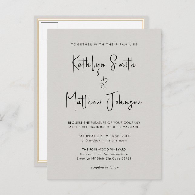 Grey QR Code All In One Modern Script Chic Wedding Invitation Postcard (Front/Back)