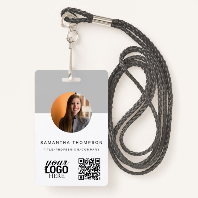 Grey QR Code Business Logo ID Card Business  Badge (Front with Lanyard)