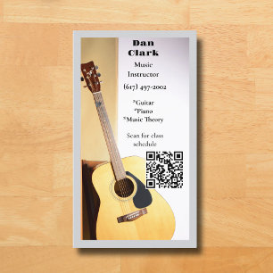 Grey QR Code Music Teacher Acoustic Guitar Business Card