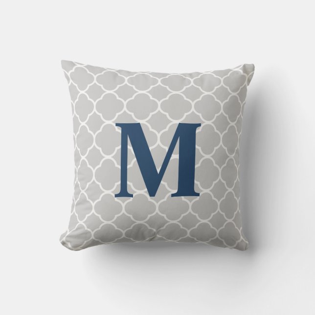 Grey Quadrefoil and Monogram Outdoor Pillow (Front)