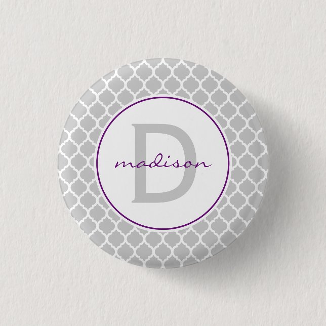 Grey Quatrefoil Monogram 1 Inch Round Button (Front)