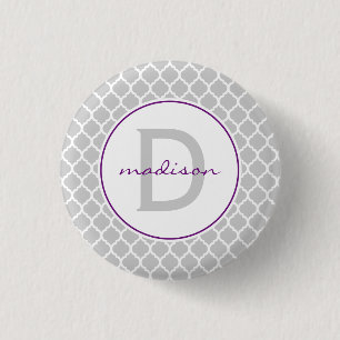 Grey Quatrefoil Monogram 1 Inch Round Button