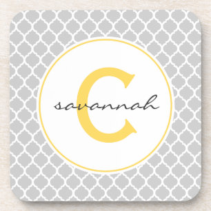 Grey Quatrefoil Monogram Coaster