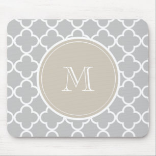 Grey Quatrefoil Pattern, Beige Monogram Mouse Pad