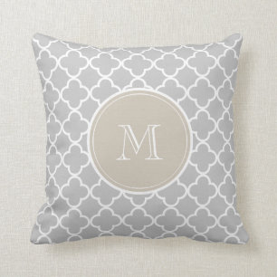 Grey Quatrefoil Pattern, Beige Monogram Throw Pillow