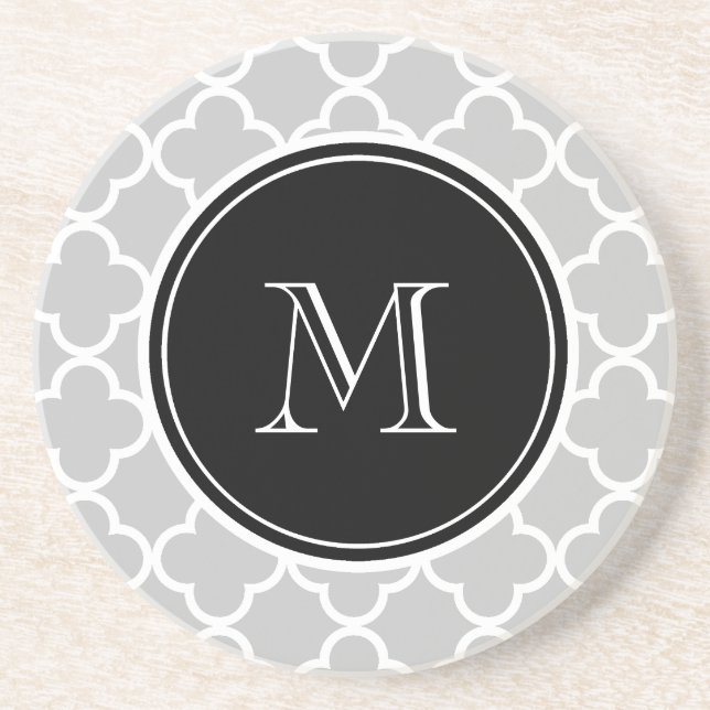 Grey Quatrefoil Pattern, Black Monogram Coaster (Front)