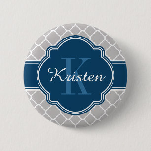 Grey Quatrefoil Pattern Blue Monogram 2 Inch Round Button