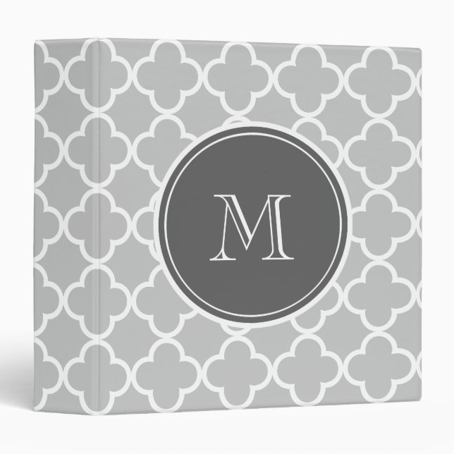 Grey Quatrefoil Pattern, Charcoal Monogram Binder (Front/Spine)