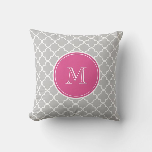 Grey Quatrefoil Pattern, Hot Pink Monogram Throw Pillow (Front)