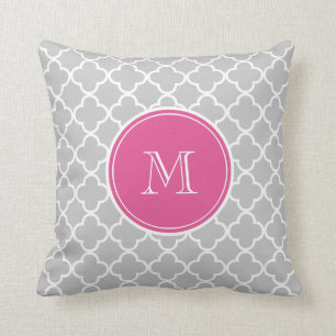 Grey Quatrefoil Pattern, Hot Pink Monogram Throw Pillow