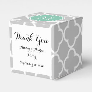Grey Quatrefoil Pattern, Mint Green Monogram Favor Box