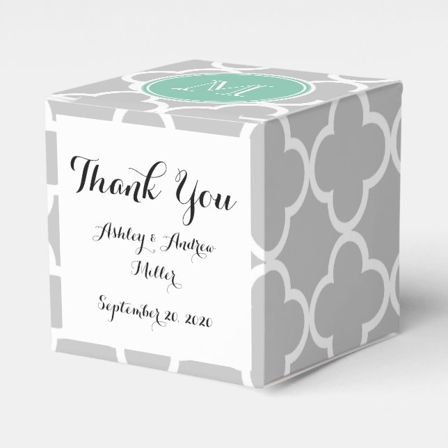 Grey Quatrefoil Pattern, Mint Green Monogram Favor Box (Front Side)