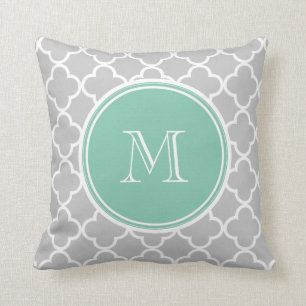 Grey Quatrefoil Pattern, Mint Green Monogram Throw Pillow