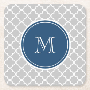 Grey Quatrefoil Pattern, Navy Blue Monogram Square Paper Coaster