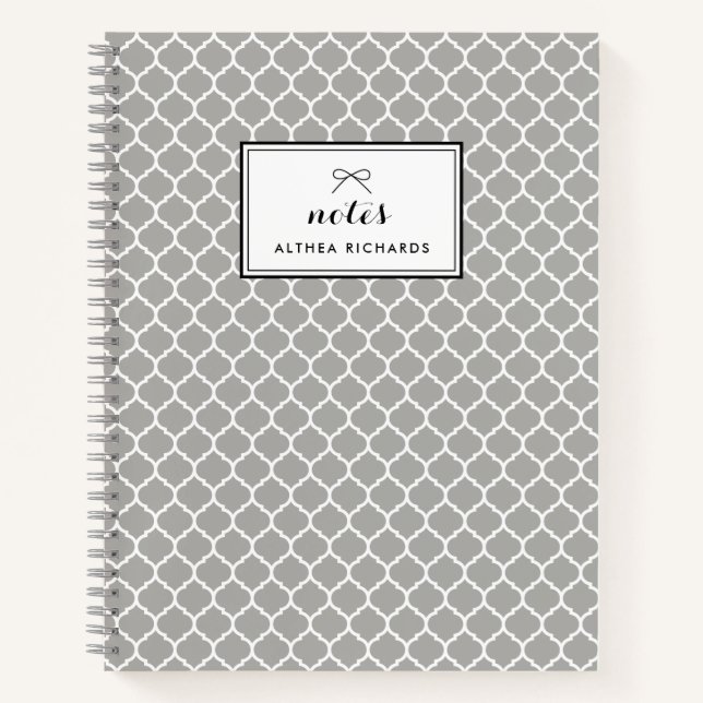 Grey Quatrefoil Pattern Personalized Notebook (Front)