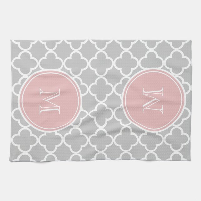 Grey Quatrefoil Pattern, Pink Monogram Kitchen Towel (Horizontal)
