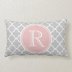 Grey Quatrefoil Pattern, Pink Monogram Lumbar Pillow