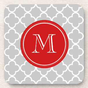 Grey Quatrefoil Pattern, Red Monogram Coaster