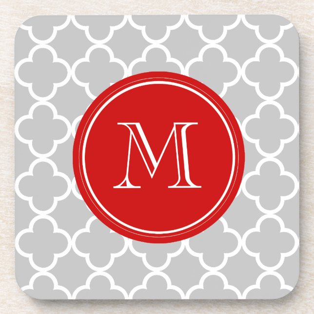 Grey Quatrefoil Pattern, Red Monogram Coaster (Front)