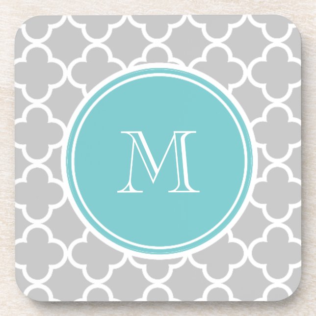 Grey Quatrefoil Pattern, Teal Monogram Coaster (Front)