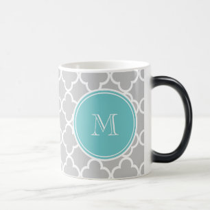 Grey Quatrefoil Pattern, Teal Monogram Magic Mug
