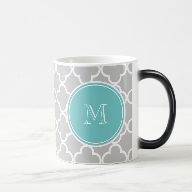 Grey Quatrefoil Pattern, Teal Monogram Magic Mug (Right)