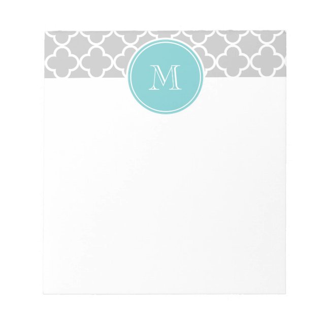 Grey Quatrefoil Pattern, Teal Monogram Notepad (Front)