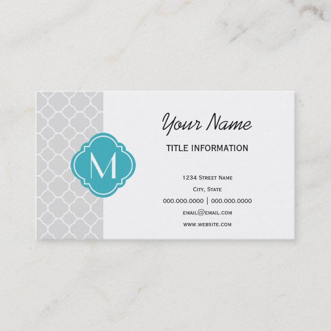 Grey Quatrefoil Pattern with Monogram Business Card (Front)