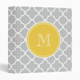 Grey Quatrefoil Pattern, Yellow Monogram Binder