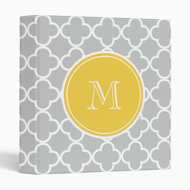 Grey Quatrefoil Pattern, Yellow Monogram Binder (Front/Spine)