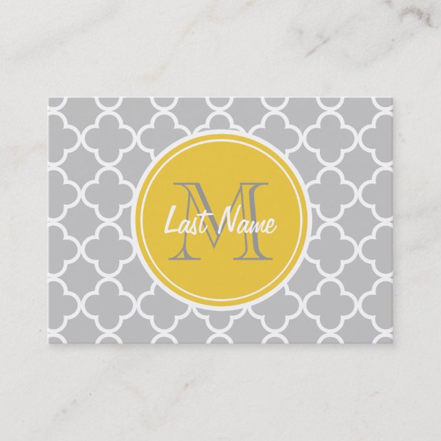 Grey Quatrefoil Pattern, Yellow Monogram Business Card (Front)