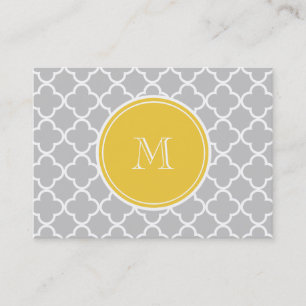 Grey Quatrefoil Pattern, Yellow Monogram Business Card