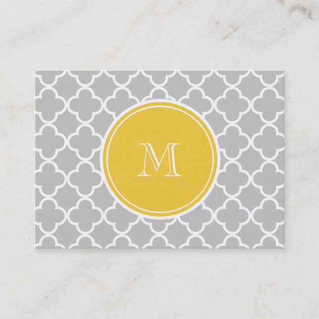 Grey Quatrefoil Pattern, Yellow Monogram Business Card (Front)