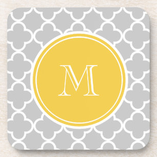Grey Quatrefoil Pattern, Yellow Monogram Coaster