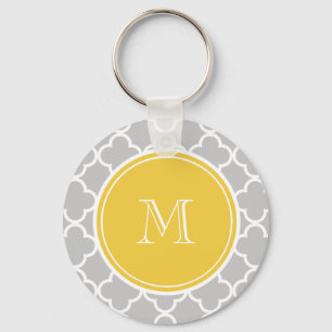 Grey Quatrefoil Pattern, Yellow Monogram Keychain