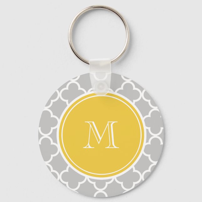 Grey Quatrefoil Pattern, Yellow Monogram Keychain (Front)