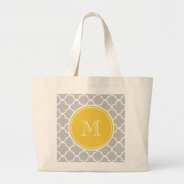 Grey Quatrefoil Pattern, Yellow Monogram Large Tote Bag (Front)