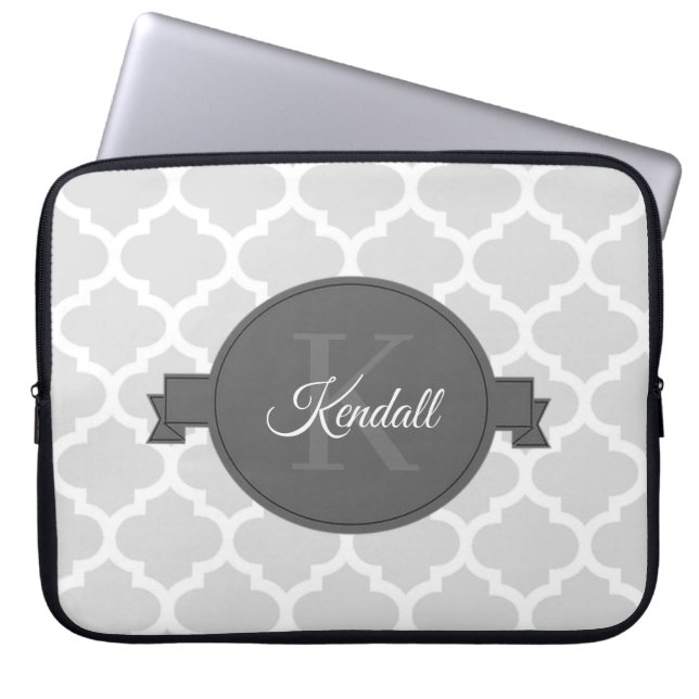 Grey Quatrefoil Personalized Laptop Sleeve (Front)