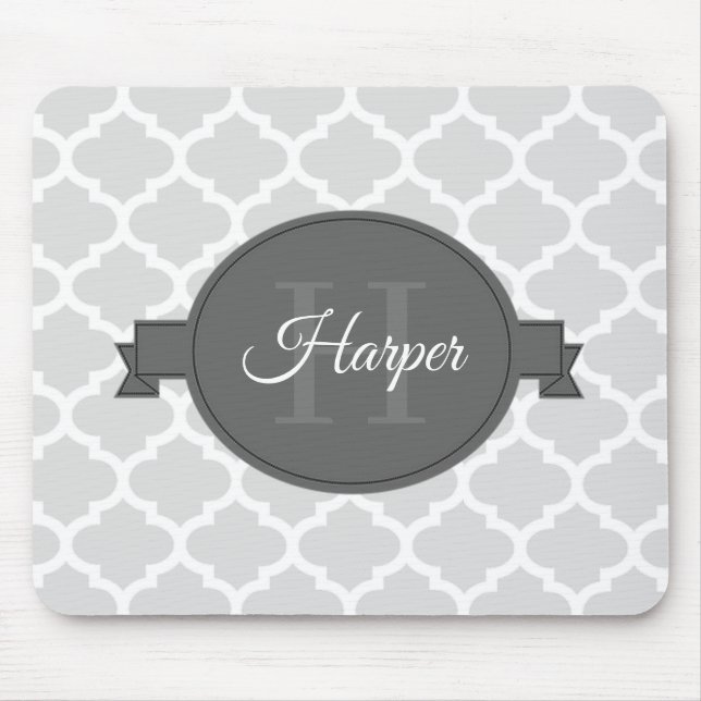 Grey Quatrefoil Personalized Mouse Pad (Front)