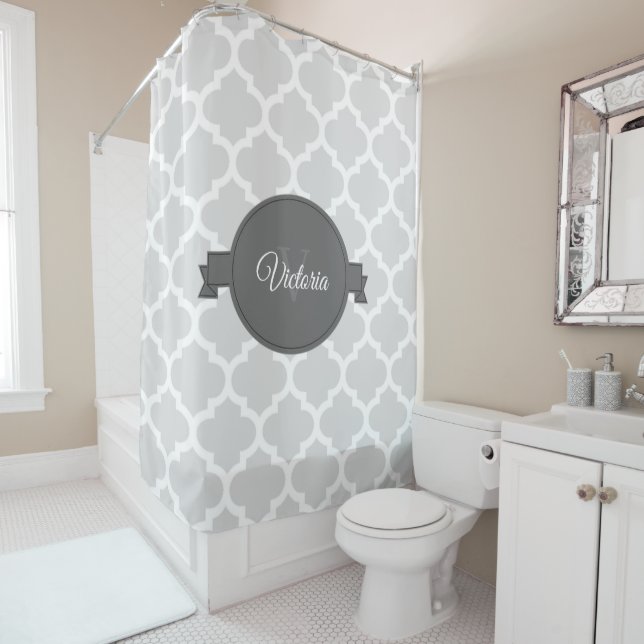 Grey Quatrefoil Personalized Shower Curtain (In Situ)