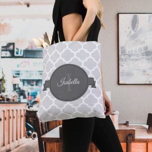 Grey Quatrefoil Personalized Tote Bag