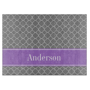 Grey Quatrefoil Purple Personalized Cutting Board