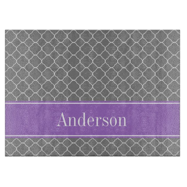 Grey Quatrefoil Purple Personalized Cutting Board (Front)