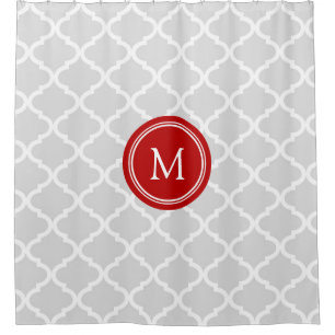 Grey Quatrefoil Red Monogram Shower Curtain