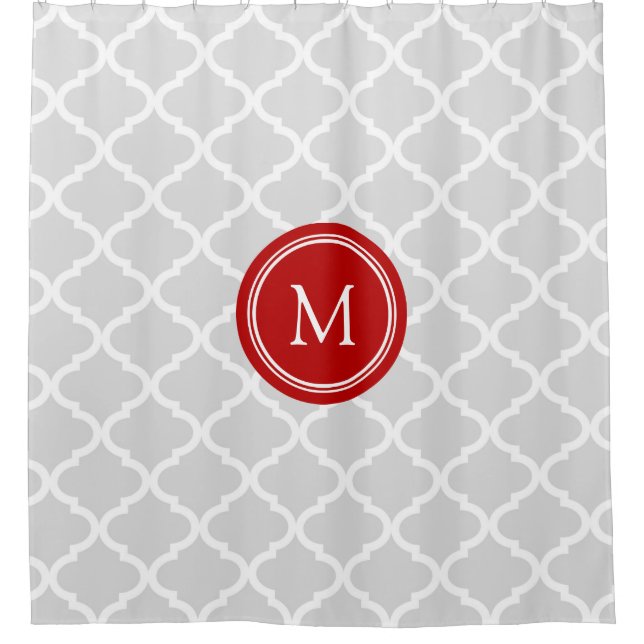 Grey Quatrefoil Red Monogram Shower Curtain (Front)