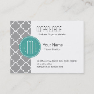 Grey Quatrefoil with Custom Mint Monogram Business Card